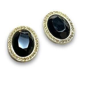 JUDY LEE VINTAGE 1950s Faux Gold Diamond & Black Facet Stone Oval Clip Earrings